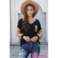 Sequin Splicing Black V Neck Bishop Sleeves Top