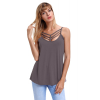 Gray Spaghetti Strap Tank Top with Caged Neckline