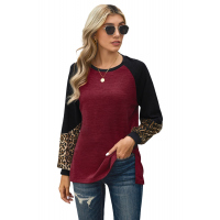 Wine Leopard Splicing High and Low Hem Lantern Sleeve Top with Slits