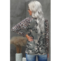 Leopard Camo Splicing Print V Neck Long Sleeve Top