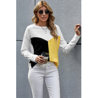 Yellow Color Block Splicing O-Neck Blouse