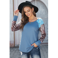 Blue Raglan Sleeve Leopard&Snakeskin Splicing Waffle Top