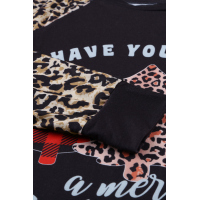 Black Leopard Sleeves Christmas Tree Print Top