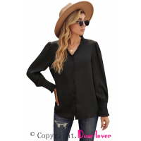 Black Frilled V Neckline Buttoned French Shirt