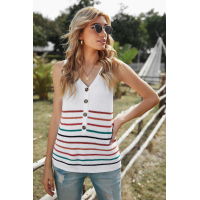 White V Neck Striped Pattern Knit Tank Top with Buttons