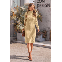 Khaki Hand Knitted High Neck Sweater Dress