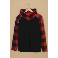 Black Cowl Neck Plaid Splice Casual Long Sleeve Top