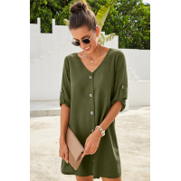 Green V Neck Button Front Roll up Tab Sleeve Dress