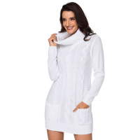 White Cowl Neck Cable Knit Sweater Dress