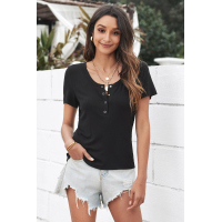 Black Scoop Neck Buttoned Front Ribbed Knit Short Sleeve Top