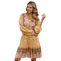 Yellow V-neck Floral Print Long Sleeve Tunic Mini Dress