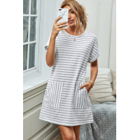 Striped Casual Short Dress with Pocket