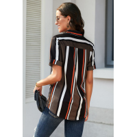 Black Brown Striped Short Sleeve Button Shirt