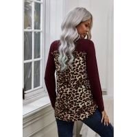 Burgundy Leopard Patch Pocket Long Sleeve Top