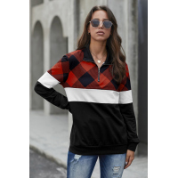 Red Plaid Color Block Zipper Turn Down Collar Long Sleeve Top