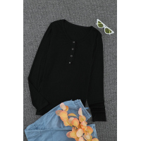 Black Scoop Neck Buttoned Front Long Sleeve Knitted Top