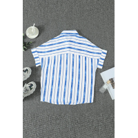 White V Neck Stripes Roll Up Sleeve Button Up Shirt