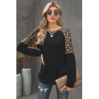 Black Leopard Stitching Long Sleeve Top