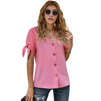 Pink Casual Tie Knot Short Sleeve V-Neck Button Chiffon Blouse