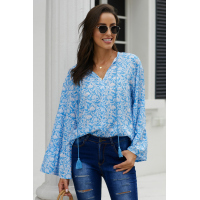 Sky Blue Chiffon V Neck Printed Bell Sleeve Blouse