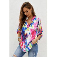 Multicolor Tie Dye Button Tab-Sleeve V-Neck Blouse