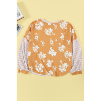 Yellow Striped Floral Splicing Lantern Sleeve Top