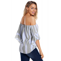 Off The Shoulder Vertical Stripes Blouse in Grey