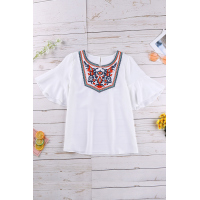 Retro Embroidered Print White Ruffle Short Sleeve Top