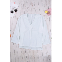 White V Neck 3/4 Sleeve High Low Hem Shirt