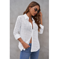 White Long Sleeve Eyelet Floral Pattern Hollow-out Shirt