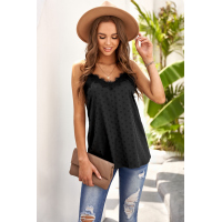 Black V Neck Lacy Spaghetti Straps Dotted Print Tank