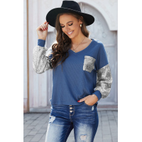 Sequin Splicing Blue V Neck Bishop Sleeves Top