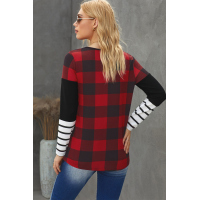 Red Plaid Splicing Striped Color Block Long Sleeve Top