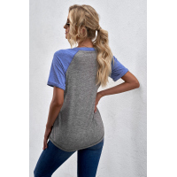 Gray Raglan Sleeve Patchwork Colorblock Tee