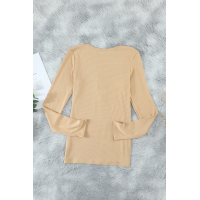 Khaki U Neck Button Knit Long Sleeve Top