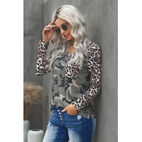 Leopard Camo Splicing Print V Neck Long Sleeve Top