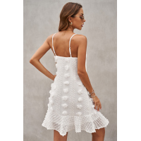 White Spaghetti Straps Jacquard Ruffle Mini Dress