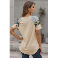 Khaki Striped Leopard Print Short Sleeve Women T-shirt