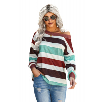 Brown One Shoulder Striped Color Block Lantern Long Sleeve Top