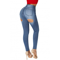 High Waist Bottom Ripped Hole Cut Jeans