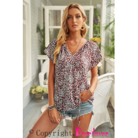 Brown V-neck Short Sleeve Fashion Print Fantasy Fluttering Blouse