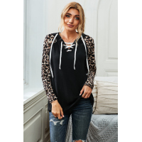 Lace Up Neck Leopard Long Sleeves Top