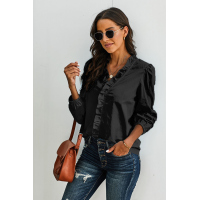 Black Long Sleeves Ruffles Blouse