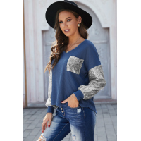 Sequin Splicing Blue V Neck Bishop Sleeves Top