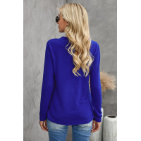 Blue V-neck Button Solid Color Long Sleeve Top