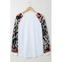 White Colorful Leopard Splicing Long Sleeve Top