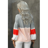 Gray Ombre Tie-dye Colorblock Lantern Sleeves Top