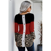 Red Colorblock Leopard Triple Patchwork Long Sleeve Top