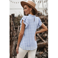 Light Blue Plaid Ruffled Short Sleeves Tee