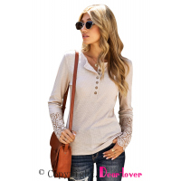 Beige Crochet Lace Hem Sleeve Button Top